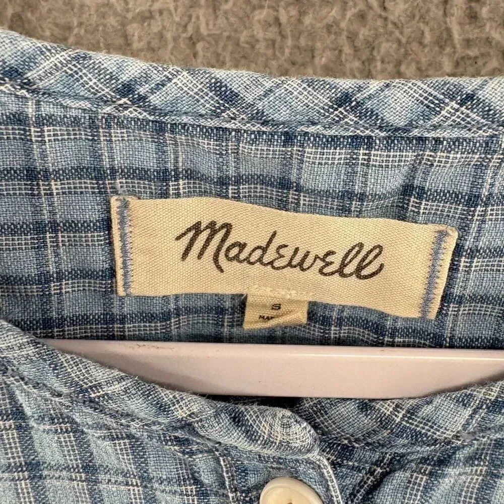 Madewell Chambray Puff-Sleeve Peplum Top in Windowpane Blue – Size S Style NE213